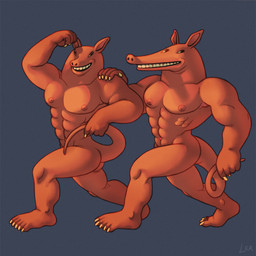 abs anthro athletic bald bald_tail caricature claws duo feet humanoid_feet male muscular muscular_male nipples pecs plantigrade silly_face simple_background tan_body tan_skin walking ravuer aardvark mammal 1:1 hi_res