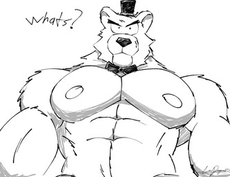 abs anthro asking barazoku clothing hat headgear headwear looking_at_viewer male muscular pecs solo liondangerous five_nights_at_freddy's scottgames freddy_(fnaf) monochrome