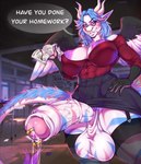 abs anthro balls barbell_piercing big_balls big_breasts big_nipples big_penis black_bottomwear black_clothing black_skirt blue_hair blurred_background bodily_fluids bottomwear breasts clothing ear_piercing ear_ring erection eyelashes facial_piercing foreskin front_view genital_fluids genital_piercing genitals glistening glistening_breasts gynomorph hair hand_on_hip huge_balls huge_breasts huge_penis humanoid_genitalia humanoid_penis inside intersex looking_at_viewer muscular muscular_gynomorph muscular_intersex nipple_barbell nipple_piercing nipples nose_piercing penis penis_piercing piercing precum precum_string purple_eyes red_clothing red_topwear ring_piercing septum_piercing skirt solo speech_bubble standing text topwear vein veiny_penis white_body smogville mythology dragon mythological_creature mythological_scalie scalie english_text hi_res