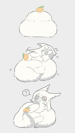 curled_up eyes_closed feathers female food fruit fur grey_background grey_eyes hair head_wings kemono long_hair open_mouth pink_sclera plant question_mark simple_background solo speech_bubble tangerine_(fruit) text tuft unusual_wing_placement waking_up white_body white_feathers white_fur white_hair wings yawn inkoinko7 species_request 2025