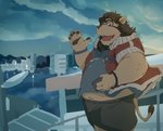 anthro belly bottomwear city clothing detailed_background eyewear glasses humanoid_hands kemono male navel overweight overweight_anthro overweight_male shirt shorts solo topwear train_(artist) felid lion mammal pantherine 2018