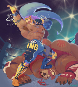 5_fingers abs accessory anthro armpit_hair big_muscles big_pecs biped black_claws black_clothing black_gloves black_handwear black_nose blue_cape blue_clothing bodily_fluids body_hair boot_on_face boots bottomwear brown_nipples bulge butt cape claws clothed clothing dominant dominant_anthro dominant_male duo elbow_pads electronics feet fighting_ring fingerless_gloves fingers foot_on_face foot_on_head footwear for_a_head fur gesture gloves green_eyes gums hand_gesture hand_print handwear headband holding_microphone holding_object jewelry knee_pads larger_dom larger_male male male/male microphone mismatched_clothing muscular navel necklace neckwear nipples open_mouth pants pecs pink_body pink_fur pink_nipples plantigrade pointing pointing_up serratus sharp_teeth shoes size_difference slap_mark smaller_male submissive submissive_anthro submissive_male sweat sweaty_armpit sweaty_body sweaty_butt sweaty_chest tan_body tan_skin teeth text tight_bottomwear tight_clothing tight_pants tongue victory wrestling wrestling_boots wrestling_clothing wrestling_gear wrestling_outfit wrestling_singlet x_eyes yellow_clothing yellow_gloves yellow_handwear ritsukaxan tekken king_(tekken) kuma_(tekken) animal_head animal_humanoid bear felid human humanoid jaguar mammal pantherine 2026 absurd_res artist_name colored digital_drawing_(artwork) digital_media_(artwork) english_text hi_res shaded signature