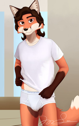 anthro blue_sky blue_text briefs brown_hair brown_nose clothed clothing clothing_lift fur hair long_hair male monotone_briefs monotone_clothing monotone_underwear orange_body orange_fur pantsless pantsless_anthro pantsless_male shirt shirt_lift sky smile solo t-shirt t-shirt_lift tan_body tan_fur text tighty_whities topwear underwear vintage_underwear waistband_stripe white_briefs white_clothing white_shirt white_t-shirt white_topwear white_underwear james_foster fruit_of_the_loom canid canine fox mammal absurd_res hi_res