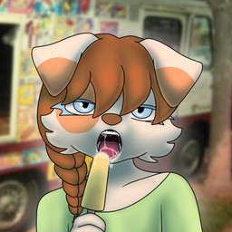 ahegao anthro background_image blue_eyes bodily_fluids braided_hair clothing detailed_mouth dipstick_ears dripping drooling drooling_tongue ear_markings excessive_saliva eye_contact eye_spots facial_markings facial_tuft female food fur glistening glistening_eyes hair head_markings licking_popsicle looking_at_another looking_at_viewer looking_pleasured markings multicolored_ears open_mouth orange_hair phallic phallic_food photo_background popsicle saliva saliva_drip saliva_on_tongue saliva_string shirt solo standing t-shirt tan_body tan_fur topwear tuft young young_anthro young_female conditional_dnp remruff veruca_(remruff) bird_dog canid canine canis domestic_dog golden_retriever hunting_dog husky hybrid mammal mixed_breed nordic_sled_dog retriever spitz 1:1 mixed_media photography_(artwork) shaded