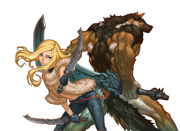 anthro blonde_hair blue_eyes brown_body brown_fur dagger duo female fight fur hair male melee_weapon simple_background sword weapon white_background jacketbear mythology canid canine human mammal mythological_canine mythological_creature werecanid werecanine werecreature werewolf