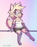 anthro biped blonde_hair bottomwear clothing eyewear female glasses hair looking_at_viewer paws shorts simple_background sitting solo chainchomped canid canine fox mammal lola_(disambiguation) hi_res