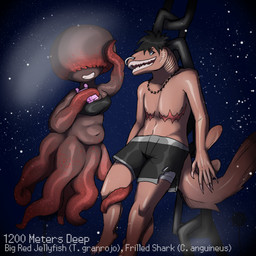 alternative_fashion anthro belly bra breasts chain clothing damaged_clothing duo electronics emo female jewelry looking_at_viewer male male/female mastectomy_scar necklace phone piercing scar slightly_chubby sports_bra swimming_trunks swimwear tentacle_on_leg tentacles text underwear fluffyyutyrannus chlamydoselachid cnidarian fish frilled_shark hexanchiform jellyfish marine medusozoan shark absurd_res hi_res tagme trans_(lore) trans_man_(lore)