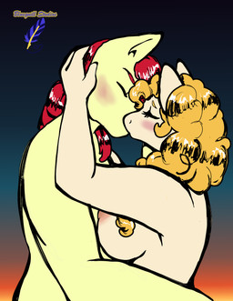 anthro blush breasts canon_couple duo eyes_closed female gradient_background hair hand_on_head hands_behind_back hug kiss_on_lips kissing male male/female orange_hair red_hair simple_background sunset_background tan_body yellow_body bluequill_studios friendship_is_magic hasbro my_little_pony bright_mac_(mlp) pear_butter_(mlp) earth_pony equid equine horse mammal pony absurd_res hi_res