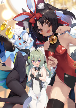 barcode_on_head bell black_hair blue_body blue_skin blush breasts brown_eyes bunny_costume clothing costume cute_fangs eyebrow_through_hair eyebrows fake_ears fake_rabbit_ears fangs female glass green_hair group hair horn humanoid_pointy_ears inner_ear_fluff jingle_bell looking_at_viewer maid_headdress on_one_leg open_:3 open_mouth open_smile paw_pose pointy_ears pose purple_eyes red_eyes shirt_cuffs small_breasts smile standing tail tan_body tan_skin teeth translucent translucent_hair tray trio tuft white_hair nejime asian_mythology east_asian_mythology japanese_mythology mihoyo mythology zenless_zone_zero corin_wickes nekomiya_mana soukaku animal_humanoid cat_humanoid demon felid felid_humanoid feline feline_humanoid horned_humanoid human humanoid mammal mammal_humanoid nekomata oni yokai hi_res