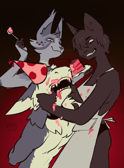 anthro anthro_on_anthro apron bdsm birthday birthday_cake black_background brown_body cake clothing crumbs crumbs_on_face cutlery dessert dominant dominant_anthro dominant_female eating_cake fangs feedee feeder feederism feeding feeding_partner feedism female female_anthro finger_in_mouth fish_hooking food food_fetish food_in_mouth food_on_face force_feeding forced fur grey_body grey_fur group hands_behind_back hat headgear headwear holding_mouth_open holding_spoon kitchen_utensils male male/female male_anthro messy open_mouth party_hat red_background restrained restrained_arms simple_background spoon strawberry_cake submissive submissive_anthro submissive_male teeth tools trio white_body white_fur vyvs domestic_cat felid feline felis mammal sergal hi_res
