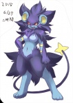 anthro anthrofied biped breasts digitigrade featureless_breasts featureless_crotch female hands_on_hips looking_at_viewer mane navel nude open_mouth paws pokemorph red_sclera smile solo standing yellow_eyes ni_jikan nintendo pokemon felid generation_4_pokemon luxray mammal pokemon_(species) 2015