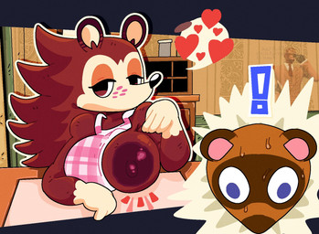 anthro apron apron_only areola big_breasts black_nose bodily_fluids breasts brown_areola brown_body brown_eyes brown_fur brown_nipples clothing dipstick_ears duo ear_markings exclamation_point eyelashes female freckled_face freckles front_view fur gloves_(marking) heart_symbol male markings multicolored_ears nipples one_breast_out purple_eyes speech_bubble sweat sweatdrop tan_body tan_fur mschaox6 animal_crossing nintendo sable_able tom_nook_(animal_crossing) canid canine eulipotyphlan hedgehog mammal raccoon_dog tanuki hi_res