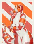 albino anthro apode breast_squish breasts female genitals gesture heart_symbol legless long_tail long_tongue looking_at_viewer prehensile_tongue pussy serpentine solo squish stripes tail thick_tail thick_thighs tongue tongue_gesture tongue_heart tongue_out deedoss draconcopode naga reptile scalie snake absurd_res hi_res