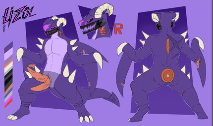 2_penises anthro big_penis genitals horn male mask multi_genitalia multi_penis nude penis purple_body purple_eyes scar tail teeth simpleesteban nintendo pokemon aquatic fish garchomp generation_4_pokemon pokemon_(species) shark absurd_res hi_res