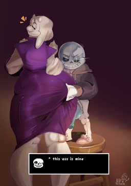 anthro big_breasts big_butt bone breasts butt clothing dress duo female flaccid fluffy fluffy_tail genitals larger_female male male/female penis size_difference skeleton tail thick_thighs tight_clothing white_body narakob nyarii undertale_(series) sans_(undertale) toriel bovid caprine goat mammal absurd_res hi_res