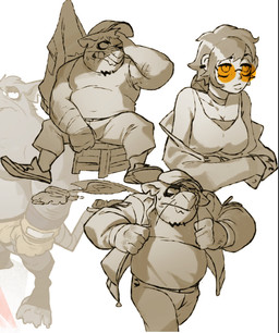 anthro biped bottomwear clothing eyewear female glasses hat headgear headwear male musclegut muscular pants shirt sitting slightly_chubby solo topwear goshee248 mammal murid murine rat rodent 2026