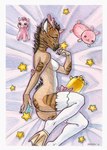 anthro antlers bed blue_eyes brown_body brown_fur clothed clothing feet female fur furniture green_eyes horn looking_at_viewer membrane_(anatomy) multicolored_body multicolored_fur nipples on_bed partially_clothed plushie smile solo stripes toes webbed_feet white_body white_fur mrrrn mythology anatid anseriform avian bird canid canine canis chimera deer duck equid equine mammal mythological_creature mythological_equine plains_zebra quagga recently_extinct_species unicorn wolf zebra