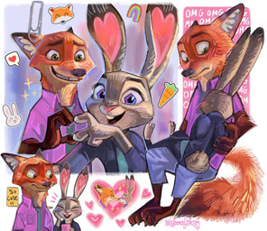 anthro blush blush_lines bodily_fluids buckteeth carrot clothed clothing collared_shirt duo female food gesture green_eyes hand_on_face heart_frame heart_gesture heart_symbol holding_another jacket looking_at_another love male necktie nervous nervous_smile nose_to_nose plant posing_for_picture purple_eyes rainbow romantic romantic_couple shirt sticker sweat sweatdrop tail teeth topwear vegetable lefrenchunicorn disney zootopia judy_hopps nick_wilde canid canine european_rabbit fox lagomorph leporid mammal oryctolagus rabbit red_fox true_fox digital_media_(artwork) digital_painting_(artwork) hi_res multiple_scenes painting_(artwork)
