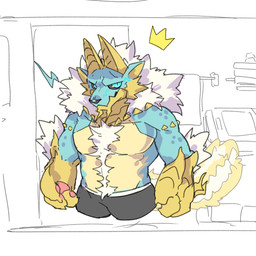 anthro black_sclera blue_body blue_eyes blue_scales body_hair bottomwear chest_hair claws clothed clothing countershading crown emanata happy_trail headgear horn inside kemono looking_at_viewer male mane muscular muscular_male partially_clothed pawpads pink_pawpads scales shorts solo towel sisijimakarashi capcom monster_hunter fanged_wyvern zinogre 1:1 2026 absurd_res digital_drawing_(artwork) digital_media_(artwork) hi_res partially_colored sketch unfinished