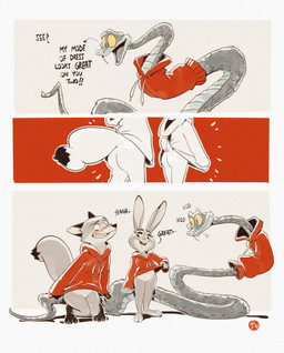 anthro blush blush_lines bottomless bottomless_anthro bottomless_female bottomless_male buckteeth butt clenched_teeth clothed clothing dialogue fangs featureless_crotch female feral fur group half-closed_eyes hoodie hoodie_only male mouth_closed narrowed_eyes navel nodding open_mouth raised_tail red_clothing red_hoodie red_topwear scales tail teeth text topwear topwear_only trio wide_eyed edtropolis disney zootopia gary_de'snake judy_hopps nick_wilde canid canine european_rabbit fox lagomorph leporid mammal oryctolagus pit_viper rabbit red_fox reptile scalie snake true_fox viper 2025 absurd_res comic english_text hi_res signature