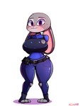 anthro badge belt big_breasts blush breasts clothing ears_down female fur grey_body grey_fur hands_behind_back long_ears looking_at_viewer pink_nose pivoted_ears police police_badge police_officer police_uniform purple_eyes smile solo standing thick_thighs toeless_legwear uniform wide_hipped_female wide_hips crossxvii disney zootopia judy_hopps lagomorph leporid mammal rabbit 2023 3:4 absurd_res hi_res signature