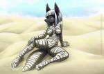 4_toes anthro bandage breasts desert eye_tattoo facial_tattoo feet female sand solo spread_legs spreading tattoo toes abluedeer anubian_jackal canid canine canis jackal mammal mummy undead digital_media_(artwork) shaded