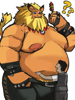 anthro belly belly_grab black_hair blonde_hair bottomwear clothing duo eating food fruit hair lemon male male_focus mane moobs navel nipples overweight pants plant size_difference skewer skewered_food coolietf bandai_namco digimon digimon_(species) human mammal 3:4 hi_res