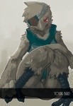 anthro avian_feet beak biped bottomless cheek_tuft claws clothed clothing digitigrade eye_patch eyewear facial_tuft feather_tuft feathers featureless_crotch feet fingers grey_beak grey_body grey_feathers half-closed_eyes head_tuft male narrowed_eyes pose red_eyes scutes shirt simple_background solo talons text toes topwear tuft winged_arms wings kosian avian bird digital_media_(artwork) english_text hi_res