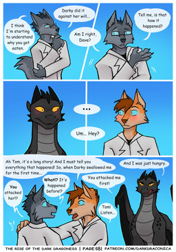 4_fingers 5_panel_comic anthro awkward_smile black_body black_horn black_scales black_spikes blue_eyes blush blush_lines brown_hair cheek_spikes clothing coat dialogue ellipsis explanation eye_contact eyewear facial_spikes female feral fingers fur glasses grey_body grey_fur grey_hair group hair hand_on_chin hand_on_elbow hand_on_shoulder horn looking_aside looking_at_another male membrane_(anatomy) membranous_wings name_in_dialogue orange_body orange_fur page_number rectangular_glasses scales speech_bubble spikes spikes_(anatomy) surprised talking_feral text thinking topwear trio upset ventral_scales white_clothing white_coat white_topwear wings darkdraconica mythology darky_(darkdraconica) dave_(darkdraconica) tom_(darkdraconica) canid canine canis dragon fox mammal mythological_creature mythological_scalie scalie wolf absurd_res comic english_text hi_res multiple_scenes url