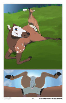 anatomically_correct anatomically_correct_genitalia anatomically_correct_vulva animal_genitalia antlers anus balls bodily_fluids cervine_genitalia cloven_hooves cum cum_in_vagina cum_inside detailed_background duo ejaculation female feral from_behind_position genital_fluids genitals grass hooves horn larger_female low-angle_view lying lying_on_ground male male/female mottled mounting on_ground penetration penis piebald plant presenting sex sheath shrub size_difference smaller_male speech_bubble teats text thrusting tree udders urine vulva watersports worm's-eye_view twistedewe cascadia_(twistedewe) kairo_(twistedewe) cervine deer elk mammal new_world_deer roe_deer comic english_text hi_res url