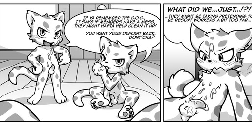 after_orgasm anthro balls bed blush bodily_fluids border cum dialogue erection furniture genital_fluids genitals group inside licking looking_at_viewer male male/male navel pawpads penis self_lick sitting speech_bubble standing tail text tongue trio white_border young young_anthro twotails bemani konami pop'n_music ollie_(pop'n_music) felid mammal pantherine snow_leopard comic english_text hi_res monochrome brother_(lore) brothers_(lore) incest_(lore) sibling_(lore)