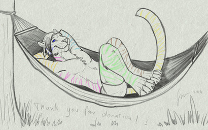 anthro blue_eyes bottomwear brown_stripes closed_smile clothed clothing fur grass green_stripes hammock hands_behind_head looking_at_viewer male male_anthro markings mouth_closed outside pink_stripes plant slim_anthro slim_male smile solo striped_arms striped_body striped_fur striped_legs striped_markings striped_tail stripes tail tail_markings topless tree underwear whiskers yellow_stripes hufnaar felid mammal pantherine tiger 16:10 partially_colored widescreen