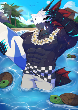 abs anthro arm_scar barazoku beach black_body blue_bottomwear blue_claws blue_clothing blue_eyes blue_shorts bone bone_mask bottomwear chair chest_scar claws clothing cloud coconut_tree day facial_scar fin fin_piercing fin_ring flower_collar frill_(anatomy) fruit_tree furgonomics furniture furry-specific_piercing head_crest head_fin head_frill holding_object holding_surfboard horn male mask muscular muscular_male palm_tree parasol partially_submerged pecs piercing plant red_frill removing_mask scar sea shorts skull skull_mask sky solo surfboard swimming_trunks swimwear tail tail_fin tree tusks water citsy_404 mythology morgus_orville ambient_turtle aquatic_dragon dragon marine mythological_creature mythological_scalie scalie digital_media_(artwork) hi_res portrait three-quarter_portrait