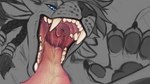 ambiguous_gender anthro blue_eyes bodily_fluids claws fangs finger_claws fingerpads hair licking_screen looking_at_viewer mouth_shot narrowed_eyes open_mouth pawpads red_tongue saliva saliva_string solo teeth tongue tongue_out uvula acidic guild_wars charr felid mammal partially_colored