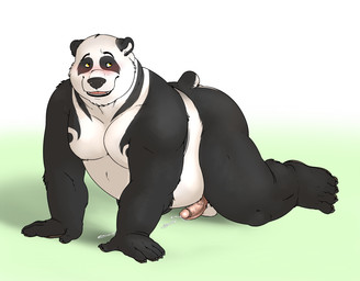 all_fours anthro balls blush bodily_fluids cum cum_on_ground ear_piercing ejaculation erection genital_fluids genitals glans humanoid_genitalia humanoid_penis male nude nude_anthro nude_male on_ground open_mouth open_smile overweight overweight_anthro overweight_male penis piercing simple_background smile solo tail vein veiny_penis kronexfire bear giant_panda mammal 2015