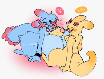 big_breasts big_penis blue_body blue_fur breasts eyes_closed female foreskin fur genitals happy huge_breasts huge_penis humanoid_genitalia humanoid_penis hyper hyper_breasts hyper_genitalia hyper_penis male penis pink_eyes teasing yellow_body yellow_fur caeleste rain_world videocult monk_(rain_world) rivulet_(rain_world) slugcat hi_res