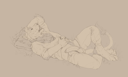 anthro arm_tuft balls bottomwear clothed clothing erection eyes_closed genitals hand_behind_head humanoid_genitalia humanoid_penis lying male male_anthro mane on_back open_bottomwear open_clothing open_mouth open_pants pants partially_clothed partially_clothed_anthro partially_clothed_male penis pubes sleeping solo tail tuft conditional_dnp oouna windsor_(windsorlion) felid lion mammal pantherine 2018 monochrome