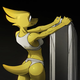 anthro bra clothing coat eyewear female glasses holding_cloth lab_coat markings panties scale_markings scales solo standing topwear underwear yellow_body conditional_dnp shido-tara undertale_(series) alphys scalie 1:1