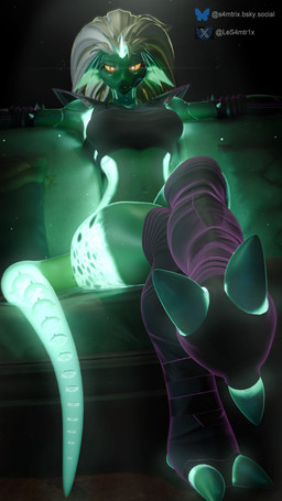 anthro athletic athletic_anthro athletic_female bottomless breasts clothed clothing crop_top dominant dominant_female feet female glowing glowing_body glowing_eyes glowing_horn glowing_markings green_body hair horn low-angle_view markings medium_breasts red_eyes shirt sitting solo topwear white_hair samtrix warfaremachine_(modeler) sevan_(warfaremachine) lizard reptile scalie absurd_res hi_res