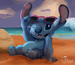 4_fingers 4_toes ambiguous_gender anthro beach biped blue_body blue_claws blue_eyes blue_fur blue_nose blue_pawpads chest_tuft claws featureless_crotch feet finger_claws fingers fur head_tuft logo looking_at_viewer notched_ear one_eye_closed open_mouth open_smile pawpads sand sea sitting smile smiling_at_viewer solo sunglasses_on_face toe_claws toes tuft water wave wink winking_at_viewer the-b-meister disney lilo_and_stitch stitch_(lilo_and_stitch) alien experiment_(lilo_and_stitch) 2025 artist_logo english_description hi_res male_(lore)