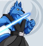 4_fingers belt blue_body blue_fur blue_lightsaber fingers fur jedi jedi_tunic lightsaber male melee_weapon solo weapon yellow_eyes sagemerric star_wars akar_deshu canid canine mahran mammal hi_res