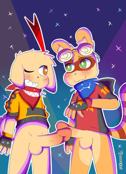 :3 anthro balls big_penis blush bottomless brown_body brown_fur circumcised clothed clothing comparing comparing_penis duo erection eye_contact eyewear fur genitals glasses green_eyes humanoid_genitalia humanoid_penis kerchief looking_at_another low-angle_view male male/male one_eye_closed orange_eyes penis shota small_but_hung star_eyes tan_body tan_fur wink young young_anthro foxxx321 terry_(foxxx321) canid canine canis domestic_dog mammal procyonid raccoon absurd_res hi_res
