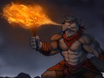 5_fingers abs anthro arm_wraps black_nose bottomwear breath_powers claws clothed clothing elemental_manipulation finger_claws fingers fire fire_breathing fire_manipulation fur grey_body grey_fur kerchief male muscular muscular_anthro muscular_male pecs shorts solo topless topless_anthro topless_male torch wraps marsel-defender canid canine canis domestic_dog husky mammal nordic_sled_dog spitz 2022 4:3 digital_media_(artwork)