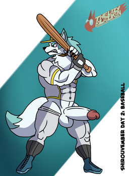 angry anthro ball balls baseball_(ball) baseball_bat baseball_uniform bat_(object) big_muscles big_penis big_tail blue_body blue_eyes blue_fur clothing erection fur genitals glans humanoid_genitalia humanoid_penis male muscular muscular_male penis solo sportswear tail uniform white_body white_fur the_lazy_blaziken brand_new_animal studio_trigger shirou_ogami canid canine canis mammal wolf absurd_res hi_res