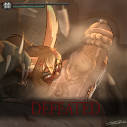 anthro balls big_balls big_penis blush bodily_fluids breasts defeated duo ear_grab eyewear female fur game_over gameplay_mechanics genital_fluids genitals glasses gui hair health_bar kiss_mark kissing lipstick makeup male male/female oral overweight penis sex size_difference text thick_thighs sprrigs- dark_souls fromsoftware asylum_demon okali demon lagomorph leporid mammal monster rabbit 1:1 digital_media_(artwork) english_text hi_res