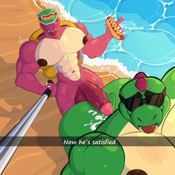 abs anthro beach big_butt big_penis bodily_fluids brown_nipples butt clothing covered_eyes cum duo ejaculation eyewear food front_view genital_fluids genitals green_body high-angle_view hot_dog huge_butt huge_penis light male male/male muscular nipples nude pecs penis penis_on_butt photo pink_body sand sea selfie selfie_stick shadow smile smiling_at_viewer sunglasses sunlight tongue tongue_out topwear vest water damelty brawl_stars supercell_(company) buzz_(brawl_stars) doug_(brawl_stars) animal_humanoid dinosaur humanoid prehistoric_species reptile reptile_humanoid scalie scalie_humanoid 1:1 absurd_res hi_res