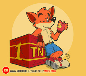 anthro apple blue_bottomwear blue_clothing blue_shorts bottomwear cheek_tuft chest_tuft clothed clothing facial_tuft food fruit fur hair holding_apple holding_food holding_fruit holding_object leaning leaning_backward logo looking_at_viewer male mouth_closed one_eye_closed orange_body orange_fur orange_hair plant short_hair shorts simple_background solo standing tan_body tan_fur text topless tuft young young_anthro young_male pandapaco activision crash_bandicoot_(series) crash_bandicoot bandicoot mammal marsupial artist_logo signature url
