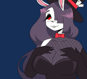 5_fingers anthro bow_tie breast_expansion breasts clothing expansion female fingers fishnet_clothing fishnet_topwear magician magician_hat red_eyes solo topwear witchpanda lagomorph mammal animated