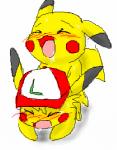 blush bodily_fluids clothing drooling duo front_view hat headgear headwear male male/male saliva simple_background sweat pasaran nintendo pokemon ashchu generation_1_pokemon pikachu pokemon_(species) low_res