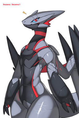 anthro black_body black_countershading blue_sclera countershading featureless_chest featureless_crotch female flat_chested grey_body markings red_eyes red_markings reverse_countershading simple_background solo white_background wide_hipped_anthro wide_hipped_female wide_hips wings xezeno capcom monster_hunter mythology dragon mythological_creature mythological_scalie scalie valstrax hi_res